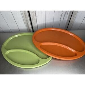 VTG 70s Eagle USA Green Orange Plastic Divided Plates Large Oval MCM Lot Of 7